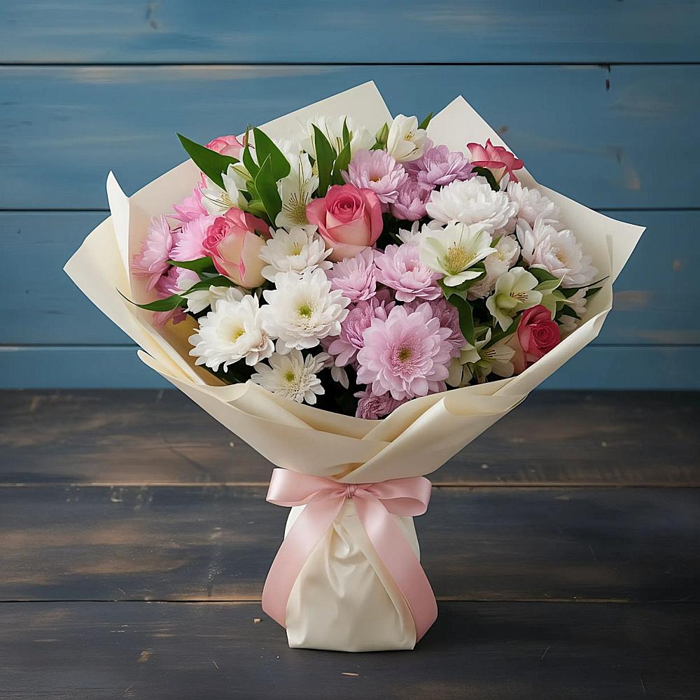 Букет цветов из: Хризантемы, Альстромерии и Розы в Туже